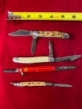 (4) Knives incl. small w/ missing blade, Katy Lines advertising, USA w/ patent numbers.