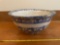 Blue spongeware decorated bowl, has three small chips on rim.