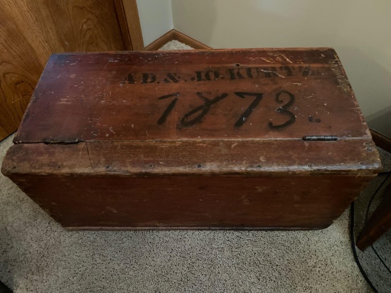 Dated 1873 wooden tool box, marked "A. D. & Jo. Kurtz", 30" wide