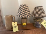 (2) pottery lamps, pitcher.