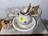 Bowl and pitcher set, clothes pins, stuffed dog