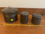 (3) tin pails w/ wire handles.