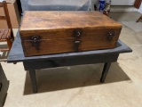 Early wood box & small black table