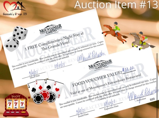 Auction Item 13 Overnight Package with Food Gift Card from Mountaineer Casino Racetrack & Resort