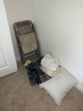 Samsonite folding chairs, bedding, lamp, snack table