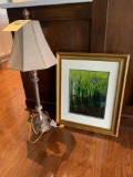 Candle Stick lamp and framed photo signed