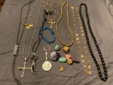 Assorted necklaces, bracelet, gemstones, Sterling cross, Alex & Ani bracelet