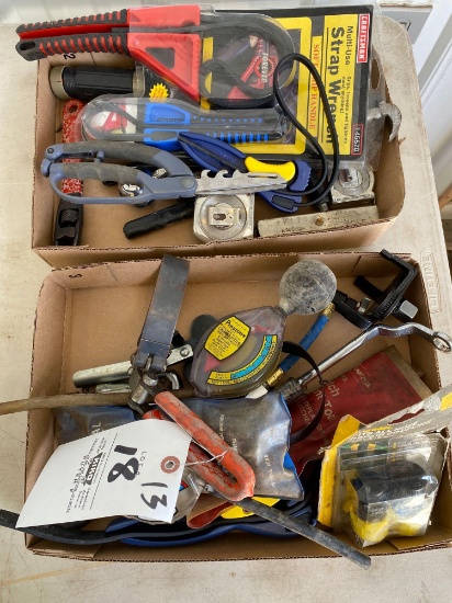 2 boxes testers, strap wrenches, tools