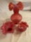 Fenton cranberry opalescent hobnail vase & (2) bowls