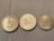 (3) Mexican five pesos coins (1943, 1952, 1956). Bid times three.