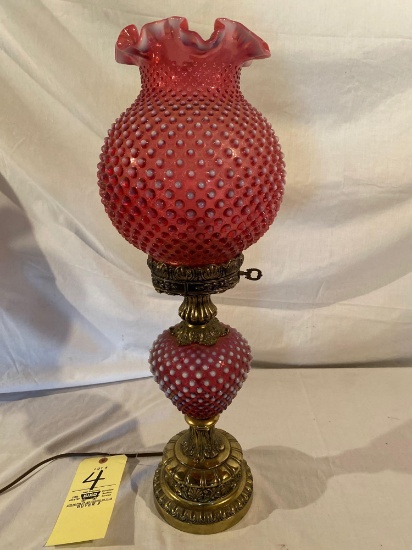 Fenton cranberry opalescent hobnail 24" tall lamp.