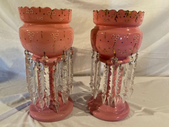 Pair of enamel decorated lamps w/ glass prisms, 14" tall.