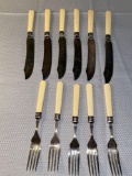 Partial set of (11) pcs. flatware, sterling banded EPNS knives & forks w/ French ivory style