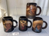 Set of (4) Wisecarver pottery mugs w/ cowboy portraits. 4 1/4