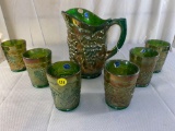 Imperial green carnival glass pitcher w/ (6) tumblers.