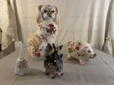 Hand Painted Fenton Bell, Floral Ceramic Dog, Floral Ceramic Pig Bank, Blue Jay Figurine
