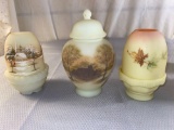 Fenton jar w/ lid, & (2) fairy lamps.