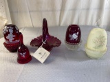 Fenton basket, (3) fairy lamps, bell.