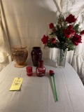 Pink Etched Glass Vase, Rose Etched Pigeon Blood Vase, Fenton Hand Painted Decanter, Glass Rose