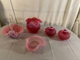 Fenton Cranberry Hobnail Candlesticks And Dish, Fenton Coin Dot Glass Basket, Pink Hobnail Dish