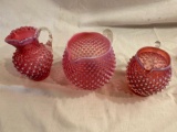 (3) Fenton cranberry opalescent hobnail pitchers