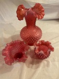 Fenton cranberry opalescent hobnail vase & (2) bowls