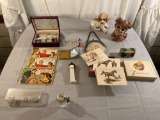 Vintage Purse, Dog Figurines, Sewing Kit, Buttons, Horse Cards