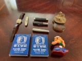 Pocket Knives, Statute of Liberty Knife, Eagle Magnifier, Mickey Mouse Watch, Cards
