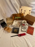 Fishing Items, Lures, Political Pins, Porcelian Thimbles, Wood Box