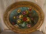 Oval framed floral painting, 22 x26, unsigned.