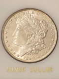 1889 Morgan silver dollar, AU.