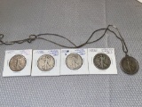 (5) Walking Liberty silver half dollars, one is on chain necklace. Bid times five.