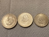 (3) Mexican five pesos coins (1943, 1952, 1956). Bid times three.