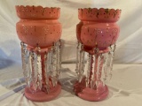 Pair of enamel decorated lamps w/ glass prisms, 14