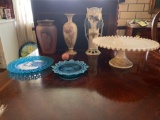 Fenton Glass Vase, Bluebird Vase, Cake Saver, Blue Glass Plates