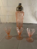 Rose Pattern Etched Depression Glass Cocktail Mixer and Stemware