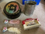 Singer Sewing Tin, Flour Sifter, Salt Dips, Picture Plates, Covered Pink Depression Candy Dish