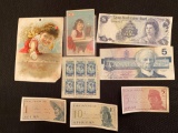 Byrd Antarctic unused stamps, foreign currency, (2) advertising litho trade cards.