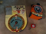 Assorted Golf Clubs some Wood, Mickey Mouse Clock and Game