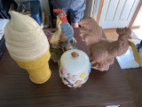 Bank, cookie jar, and roosters