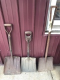 Three shovels with ant. wood handles