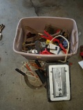 Sun tachometer, tote of hand tools, clamps and hardware