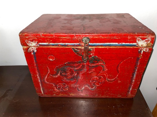 Chinese polychrome hand painted wooden chest, 18 w X 12.5 t X 11.5