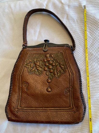 Patent 1918 leather purse w/ grape & cable decor.
