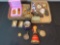 2 boxes of miniatures and perfume bottles, covered dresser dish, cast-iron skillet