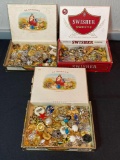 Costume jewelry earrings, 3 cigar boxes full