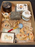 Miniature tea set, milk glass, dresser box