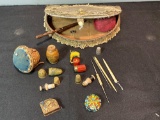 Assorted early sewing items, small sewing kits, thimbles, hooks, dresser box, tape measures
