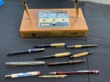 Fountain pens, Parker, Eversharp, Diebold desk-top pen holder, pen boxes