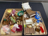 2 boxes of dollhouse furniture, large variety, some damaged